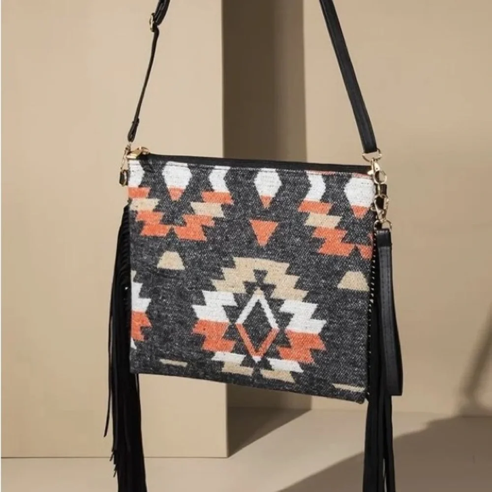 Western Print Faux Suede Fringe Crossbody Bag NWT